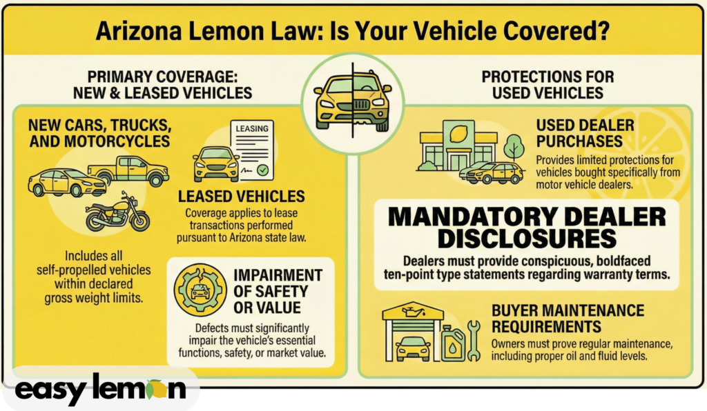 Vehicles covered under Arizona Lemon Law including cars, trucks, motorcycles, and leased vehicles