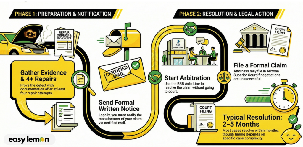 How to file a lemon law claim in Arizona step-by-step process showing evidence, certified notice, arbitration, and court filing