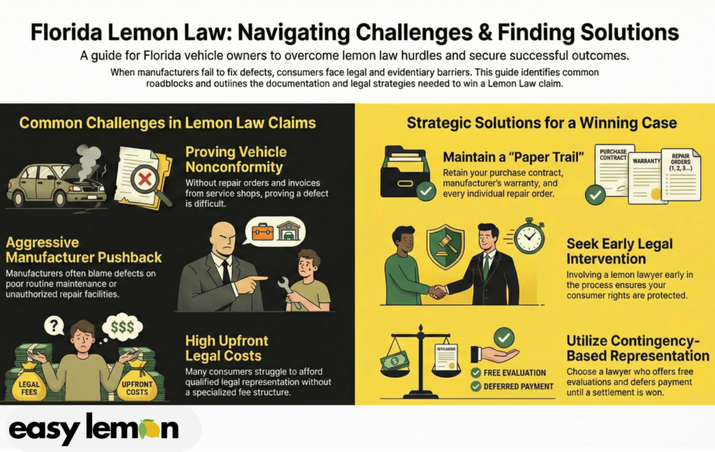 Florida Lemon Law infographic explaining common lemon law challenges and strategic solutions for vehicle owners in Florida